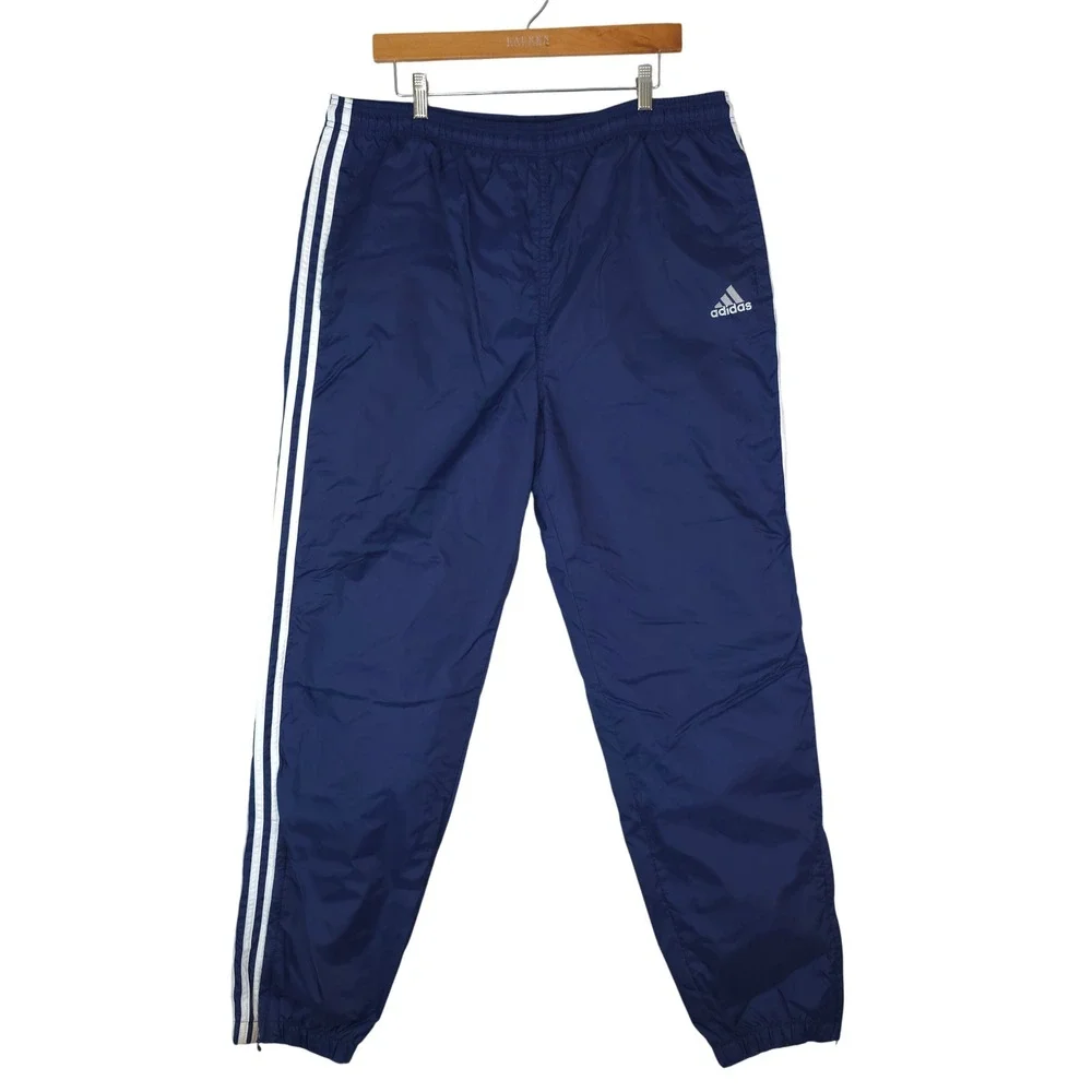 Vintage 90s Adidas Track Pants Mens L Navy Blue White Three Stripe Nylon Lined‎